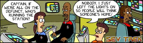 Sev Trek - cartoon spoofs
of Star Trek. Copyright 1997 by John Cook.