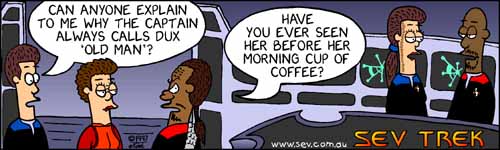 Sev Trek - cartoon spoofs
of Star Trek. Copyright 1997 by John Cook.