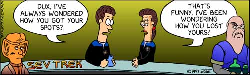 Sev Trek - cartoon spoofs
of Star Trek. Copyright 1997 by John Cook.