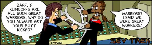 Sev Trek - cartoon spoofs
of Star Trek. Copyright 1997 by John Cook.