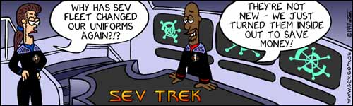 Sev Trek - cartoon spoofs
of Star Trek. Copyright 1997 by John Cook.