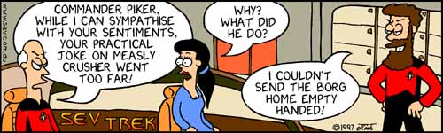 Sev Trek - cartoon spoofs
of Star Trek. Copyright 1997 by John Cook.