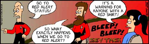 Sev Trek - cartoon spoofs
of Star Trek. Copyright 1997 by John Cook.