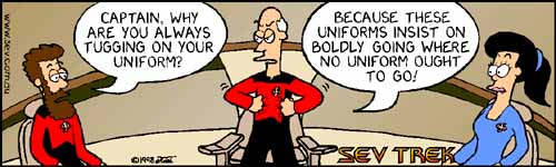 Sev Trek - cartoon spoofs
of Star Trek. Copyright 1997 by John Cook.