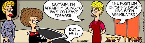 Sev Trek - cartoon spoofs
of Star Trek. Copyright 1997 by John Cook.