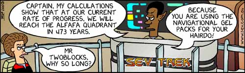 Sev Trek - cartoon spoofs
of Star Trek. Copyright 1997 by John Cook.