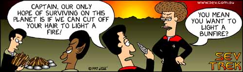 Sev Trek - cartoon spoofs
of Star Trek. Copyright 1997 by John Cook.