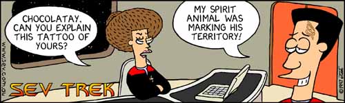 Sev Trek - cartoon spoofs
of Star Trek. Copyright 1997 by John Cook.