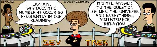 Sev Trek - cartoon spoofs
of Star Trek. Copyright 1997 by John Cook.