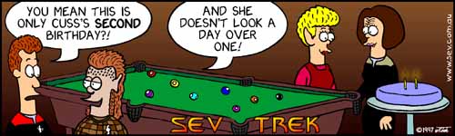 Sev Trek - cartoon spoofs
of Star Trek. Copyright 1997 by John Cook.