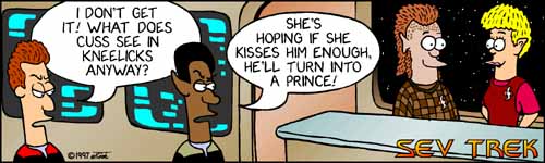 Sev Trek - cartoon spoofs
of Star Trek. Copyright 1997 by John Cook.