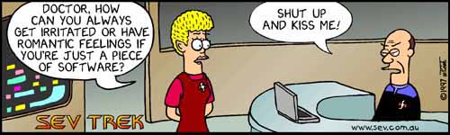 Sev Trek - cartoon spoofs
of Star Trek. Copyright 1997 by John Cook.